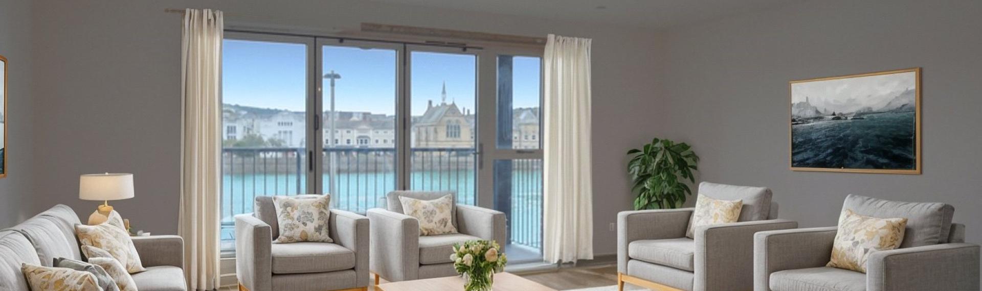 A lounge room with two chairs a sofa and a table with french doors overlooking the river