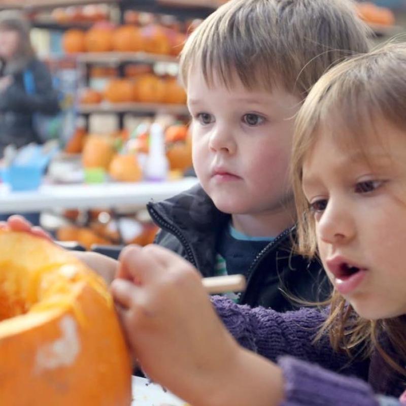 A little girl and boy carving a pumpkin together