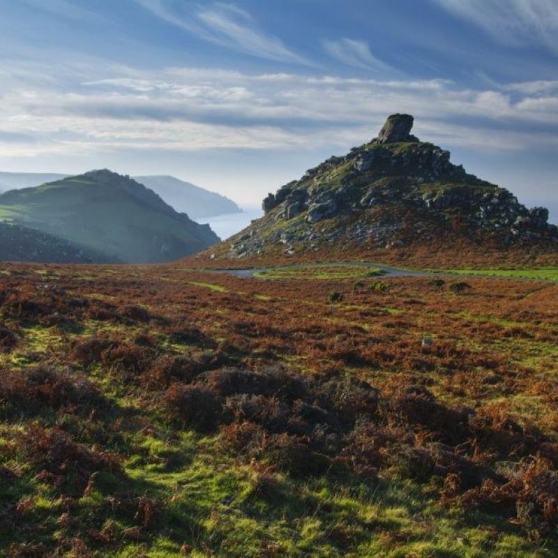 An image of the Valley of the Rocks, a heather strewn landscape with rocky hills