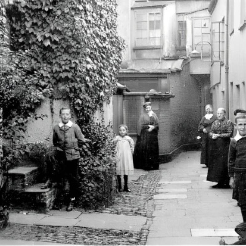 A Victorian image of Barnstaple showing a group of children in a street