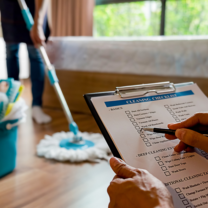 Hands holding a clipboard and pen with a cleaning checklist on it while another person is mopping the wooden floor