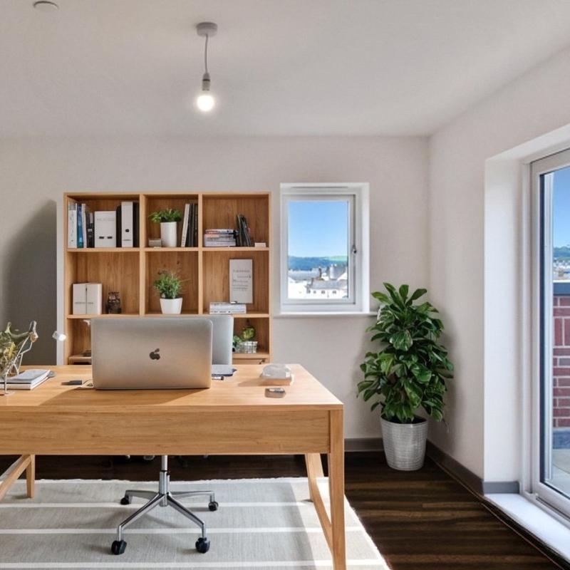 a home office with a computer on a wooden desk with a chair and bookcase behind next to some french doors