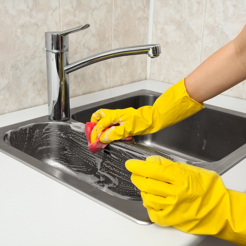 A pair of hands wearing rubber gloves cleaning a double stainless steel sink