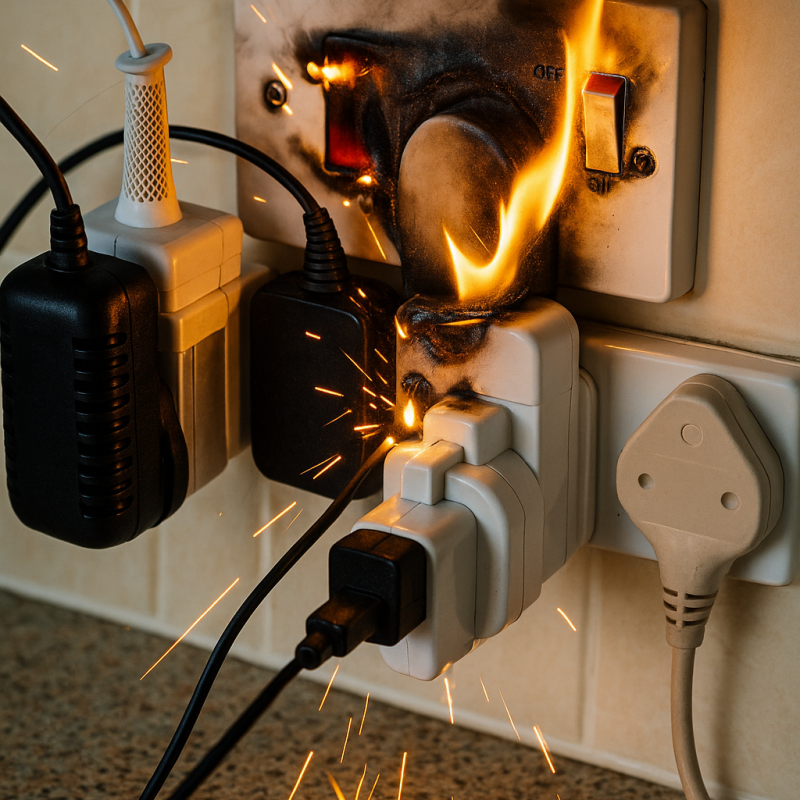 An overloaded electrical outlet starting a fire